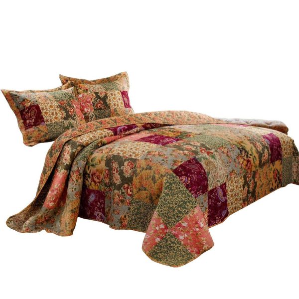 Kamet 3 Piece Fabric Queen Size Bedspread Set with Floral Prints,Multicolor By Casagear Home Cheap