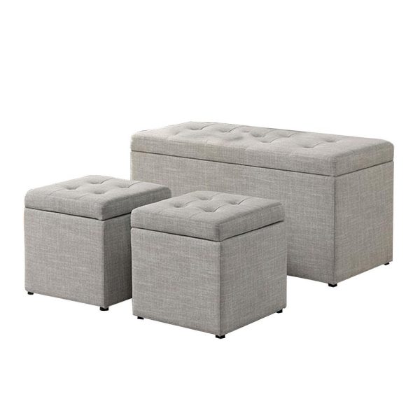 Uriel 3 Piece Storage Bench and 2 Nesting Ottomans, Tufted Light Gray Beige By Casagear Home For Discount