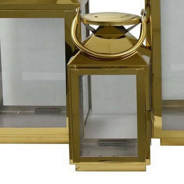 Davi Set of 3 Decorative Lanterns, Curved Handles, Glass Panel, Brass Metal By Casagear Home Online - Image 3