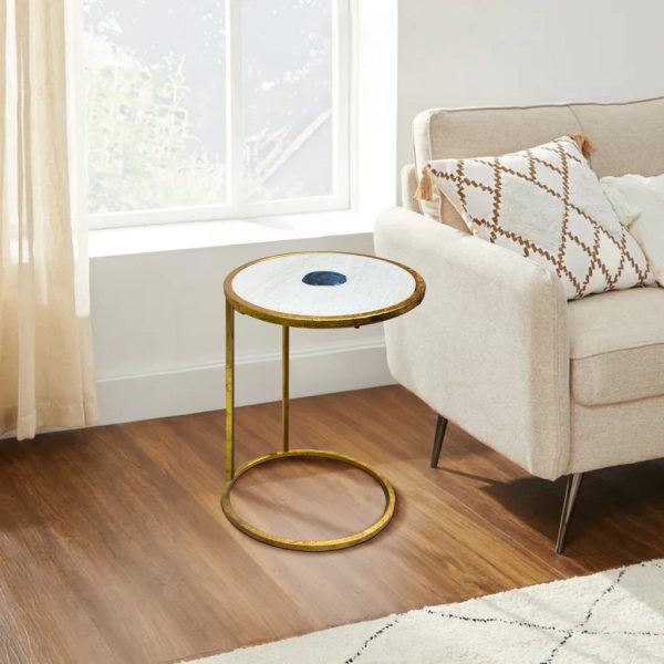 20 Inch Round Side End Table, White Marble Top with Blue Agate Stone Inlay, Gold Foil Finish Iron Frame The Urban Port Cheap - Image 3