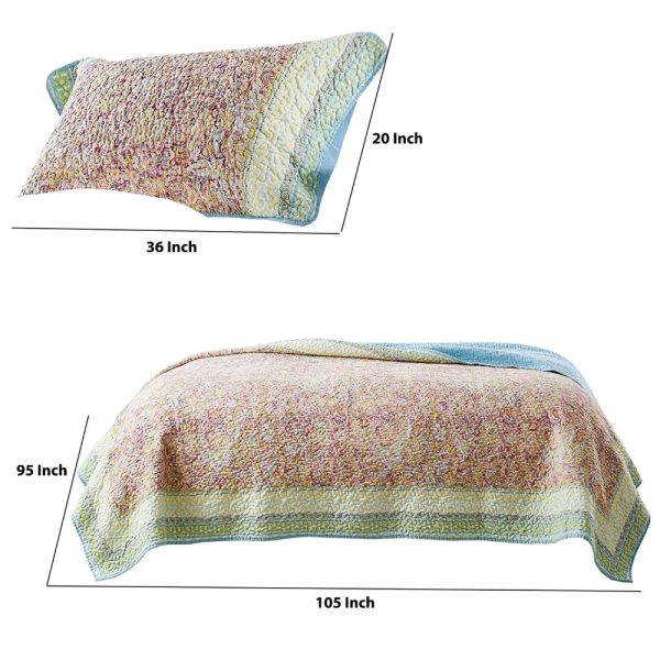 Denver 3 Piece King Cotton Quilt Set with Fern Branches Print, Multicolor By Casagear Home Hot on Sale - Image 3