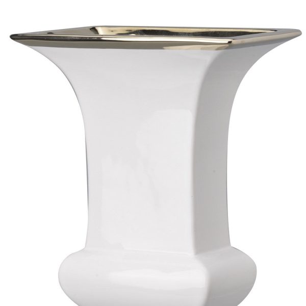 Ceramic Decorative Urn With Rectangular Opening, Large, White & Silver By Casagear Home Hot on Sale - Image 2