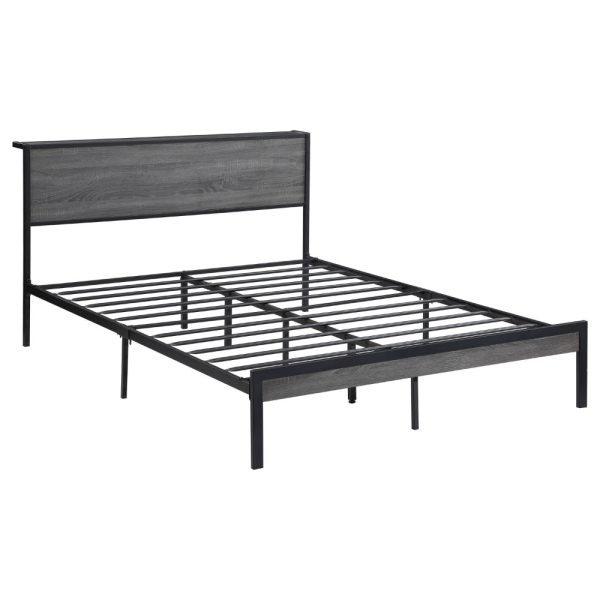 Rick Full Size Platform Bed, 1 Shelf, Retro Style, Black Metal Frame, Gray By Casagear Home Fashion