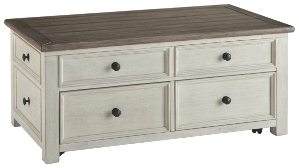 Ashley Cocktail Table With Spring Lift Top and Multiple Drawers, Brown and White Online