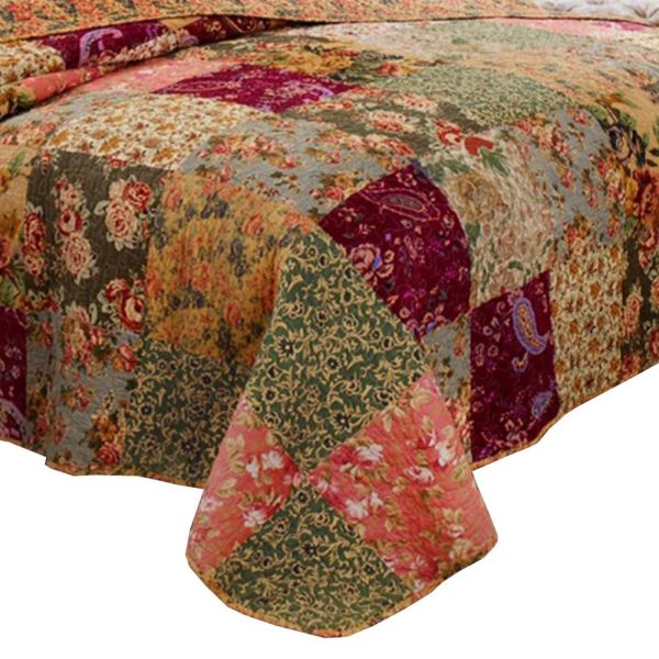 Kamet 3 Piece Fabric Queen Size Bedspread Set with Floral Prints,Multicolor By Casagear Home Cheap - Image 2