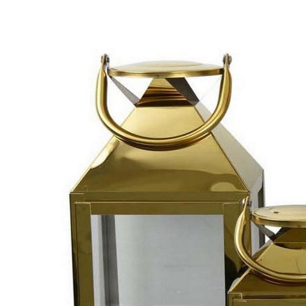 Davi Set of 3 Decorative Lanterns, Curved Handles, Glass Panel, Brass Metal By Casagear Home Online - Image 2