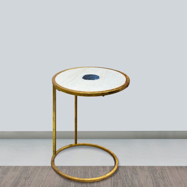 20 Inch Round Side End Table, White Marble Top with Blue Agate Stone Inlay, Gold Foil Finish Iron Frame The Urban Port Cheap - Image 4