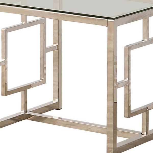Tempered Glass Top End Table with Lattice Cut Out Panels, Silver and Clear By Casagear Home Supply - Image 3