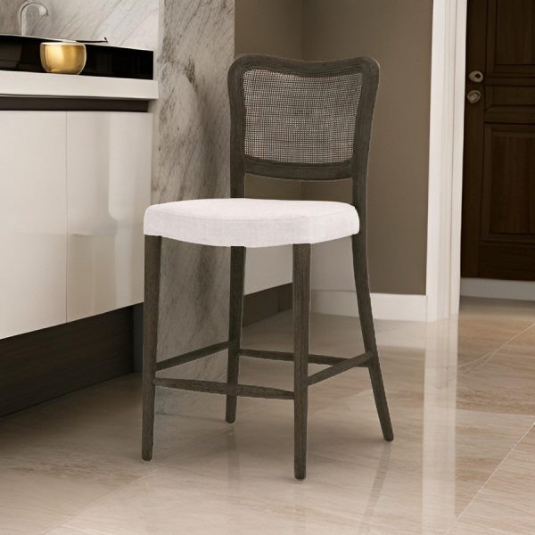 Aina 25 Inch Counter Stool, Curved Back, Cane Inserted, White, Oak Brown By Casagear Home Supply