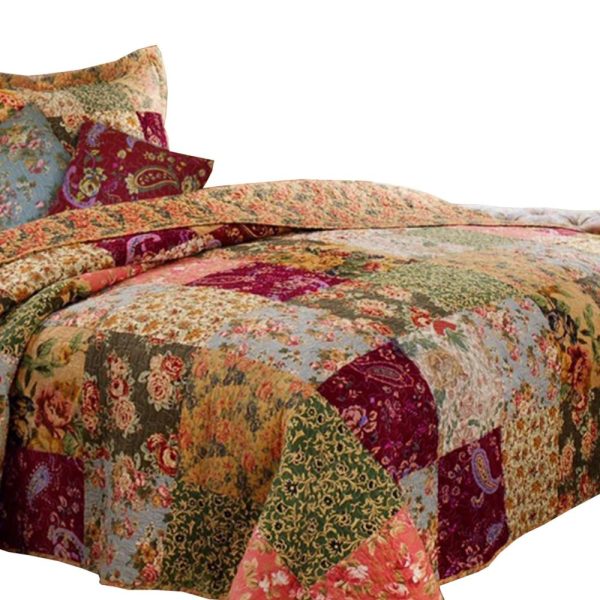 Kamet 5 Piece Fabric Queen Size Quilt Set with Floral Prints, Multicolor By Casagear Home Hot on Sale - Image 3