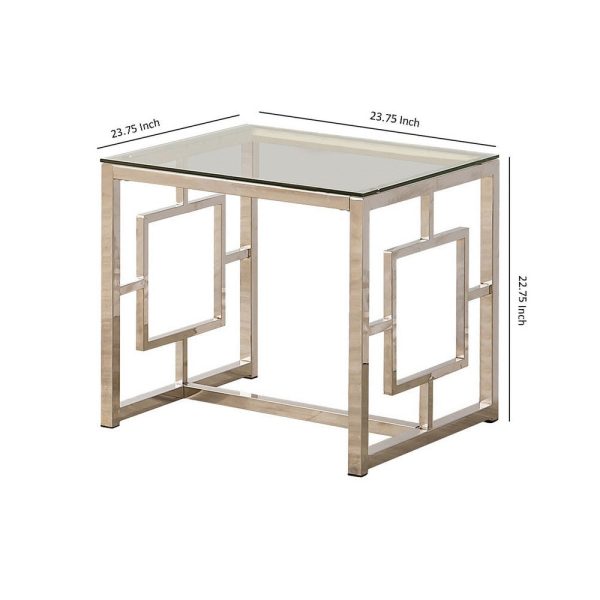Tempered Glass Top End Table with Lattice Cut Out Panels, Silver and Clear By Casagear Home Supply - Image 5
