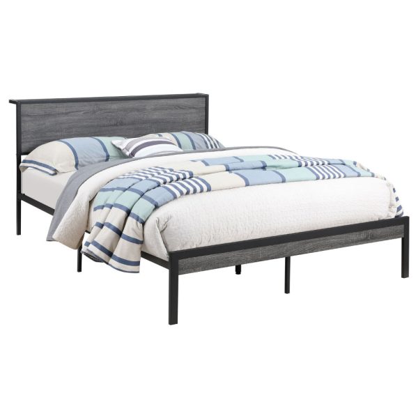 Rick Full Size Platform Bed, 1 Shelf, Retro Style, Black Metal Frame, Gray By Casagear Home Fashion - Image 2