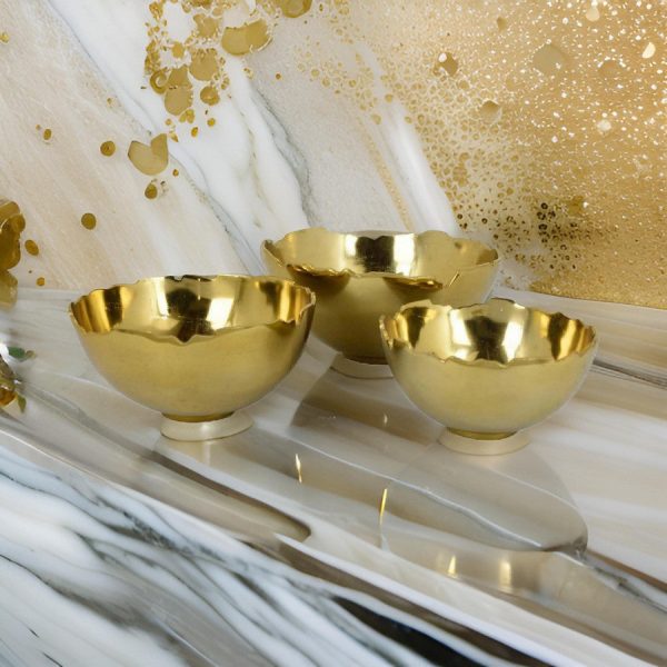 Bonz Set of 3 Bowls, Unique Top Shape, Round Base, Gold Metal Finish By Casagear Home Hot on Sale
