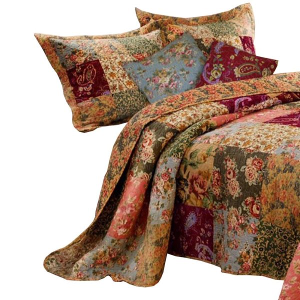 Kamet 5 Piece Fabric Queen Size Quilt Set with Floral Prints, Multicolor By Casagear Home Hot on Sale - Image 2