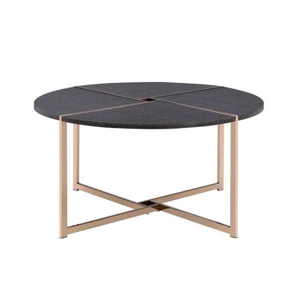Coffee Table with X Shaped Metal Base and Round Wooden Top, Gold and Gray By Casagear Home For Discount - Image 2