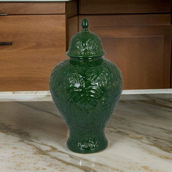 Aniea 18 Inch Accent Temple Jar, Geometric Design, Dome Lid, Green Ceramic By Casagear Home For Cheap