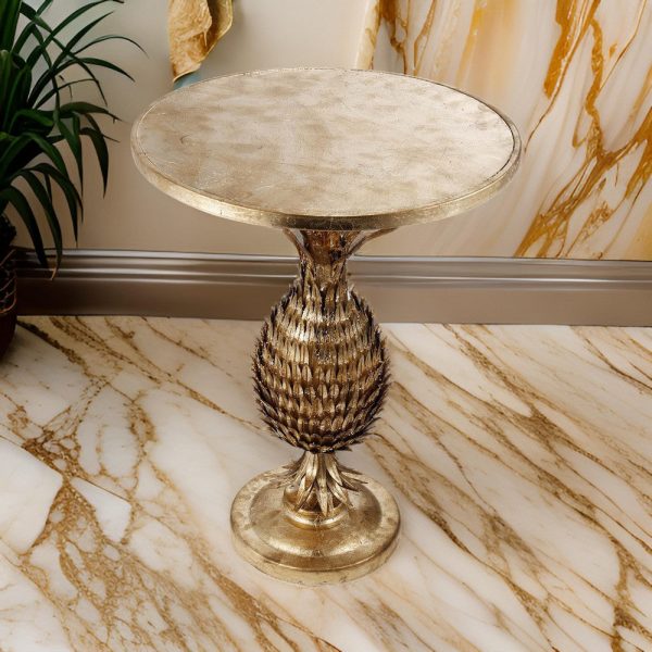 27 Inch Accent Side Table, Turned Pineapple Motif Design, Round Top, Gold By Casagear Home on Sale