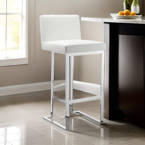 Boly 30 Inch Barstool Chair, White Faux Leather, Cushions, Chrome Steel By Casagear Home Online