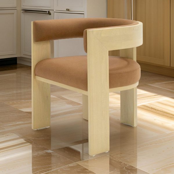24 Inch Dining Chair, Curved Open Back, Cushioned, Natural Ash, Rust Fabric By Casagear Home Online now
