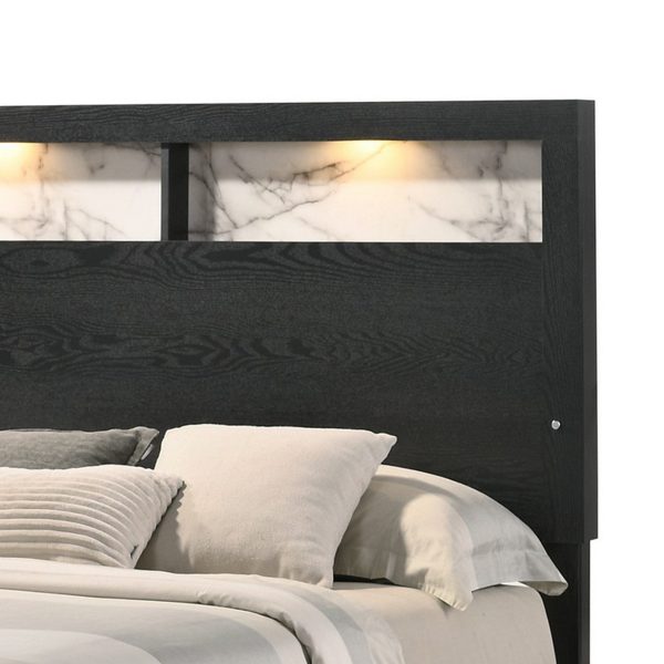 Yoh Queen Size Bed, Wood, Headboard with Lights and Shelves, Black By Casagear Home For Cheap - Image 4
